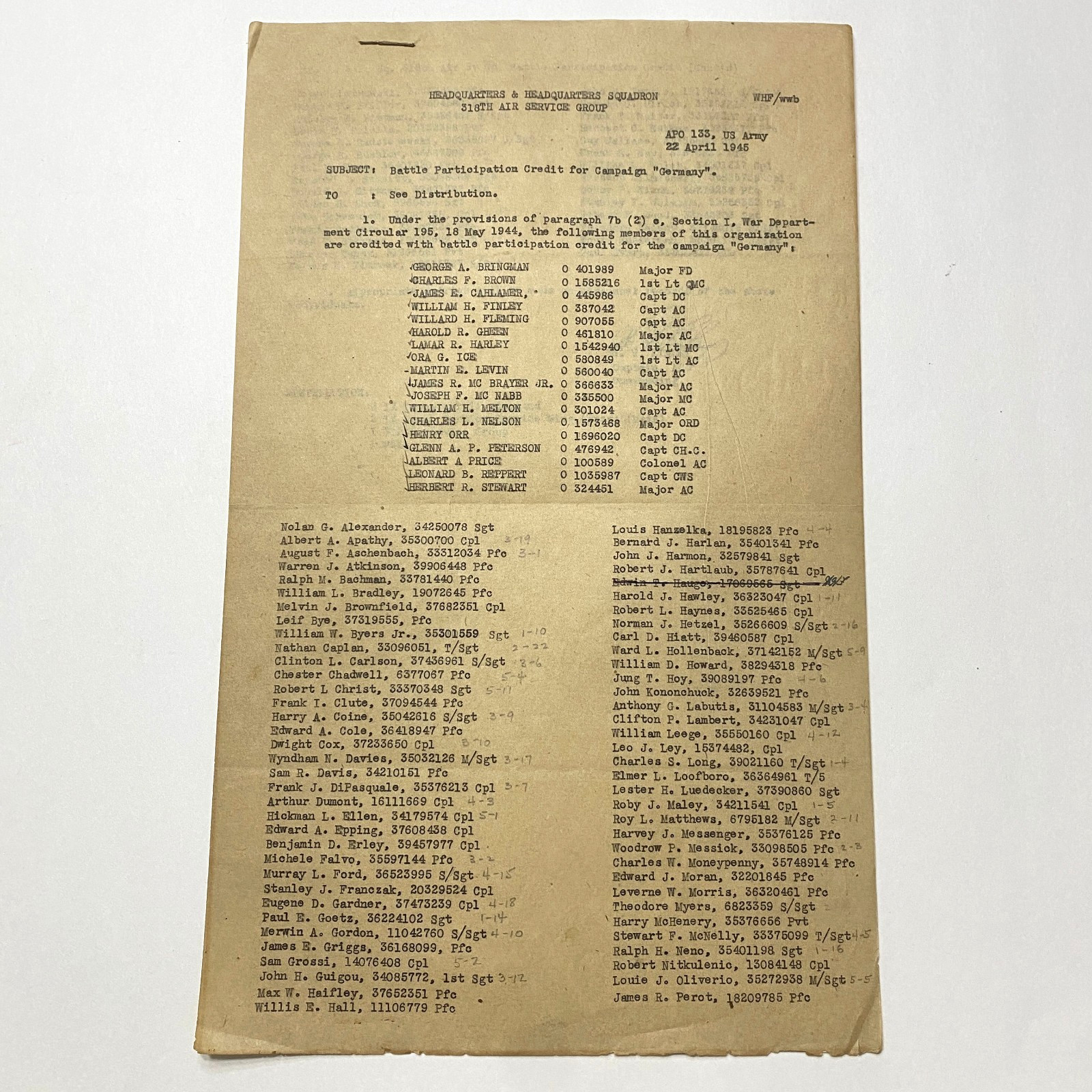1945 318th Air Service Group Germany Campaign Credit APO 133 Signed WWII