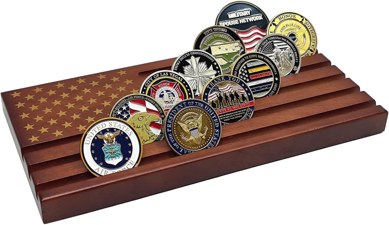 Challenge Coin Display Wooden Army Collectible Coins Holder 6 Row brown 