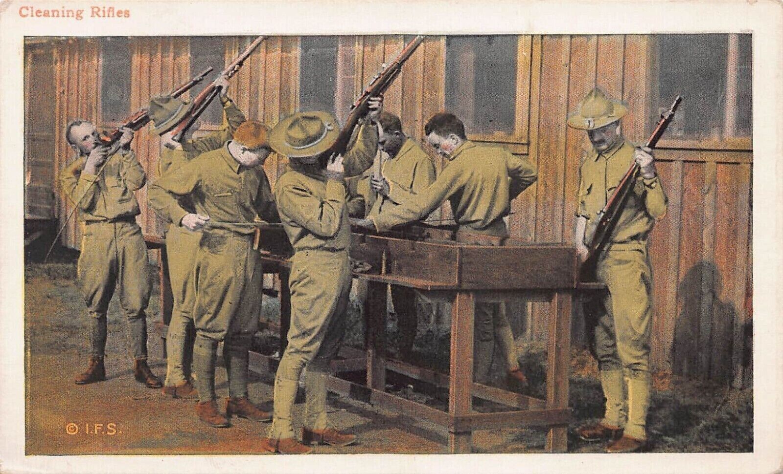 U.S. Army: Circa World War I, Cleaning Rifles, Early Postcard, Unused