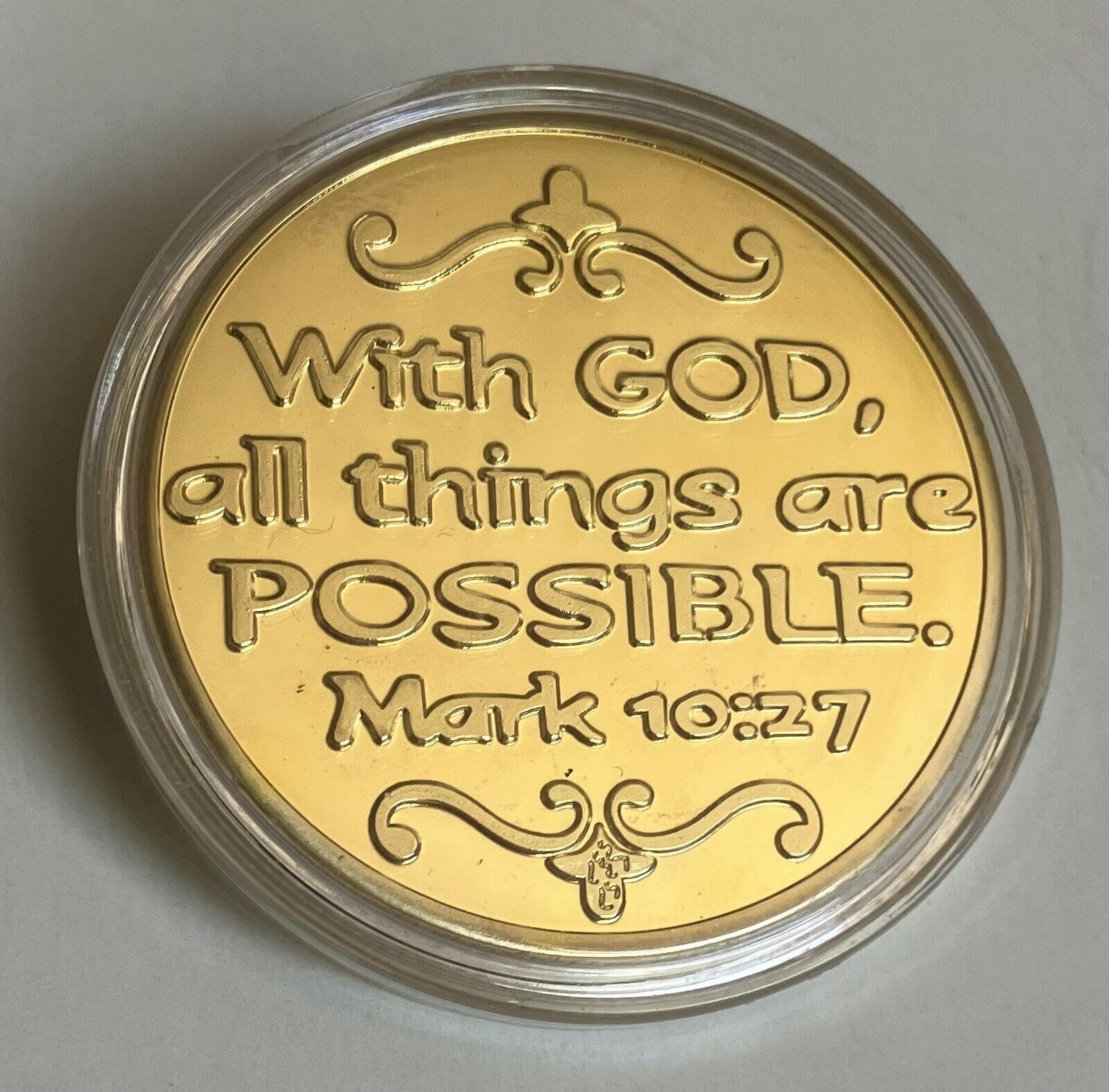 Gold Colored Challenge Coin- Cross-“With God All Things Are Possible”-Bible-New