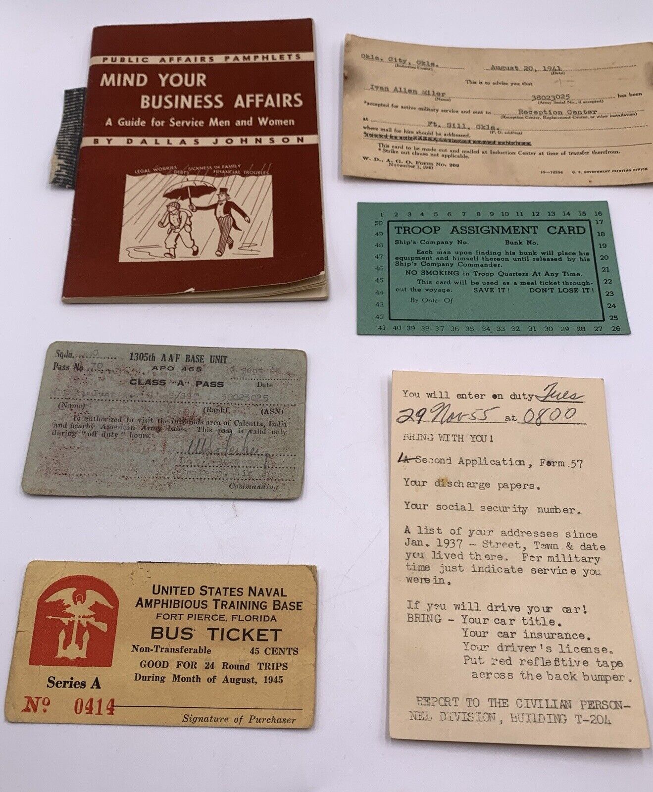 Lot of 6 WW2 Soldier Documents  Amphibious Training Troop Assignment Card Accept