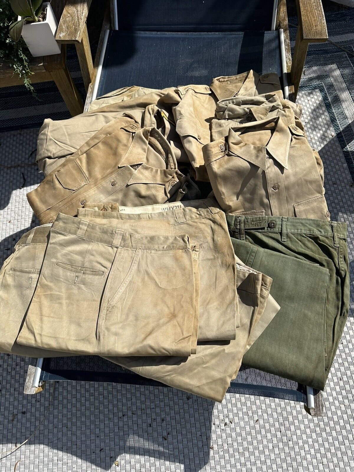 11 Lot Original WW2 U.S. Army Military Khaki Shirts And Pants Estate Find Stains