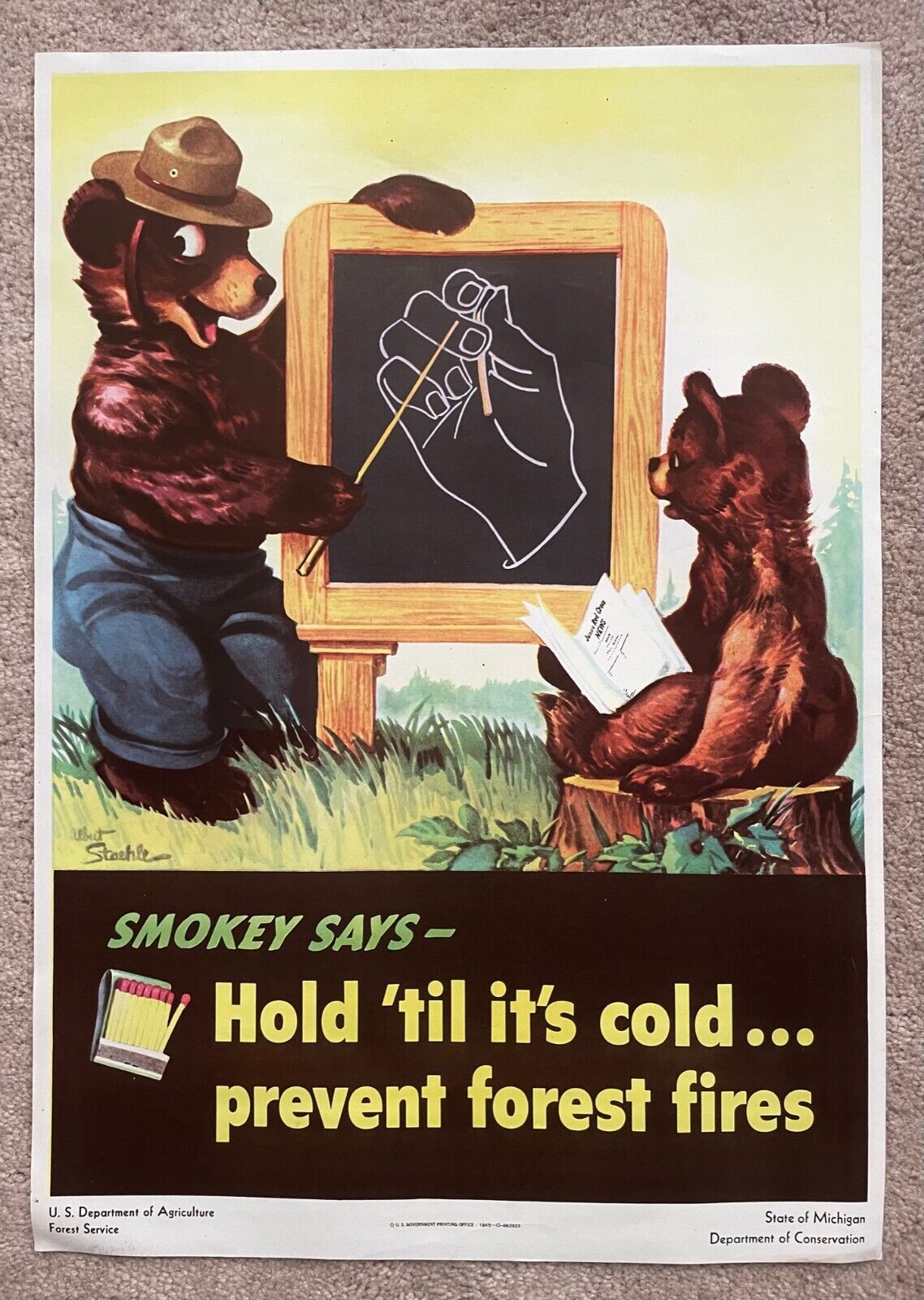 WW2 WWII Original 1945 Smokey Bear CHAULKBOARD Fire Prevention Campaign Poster