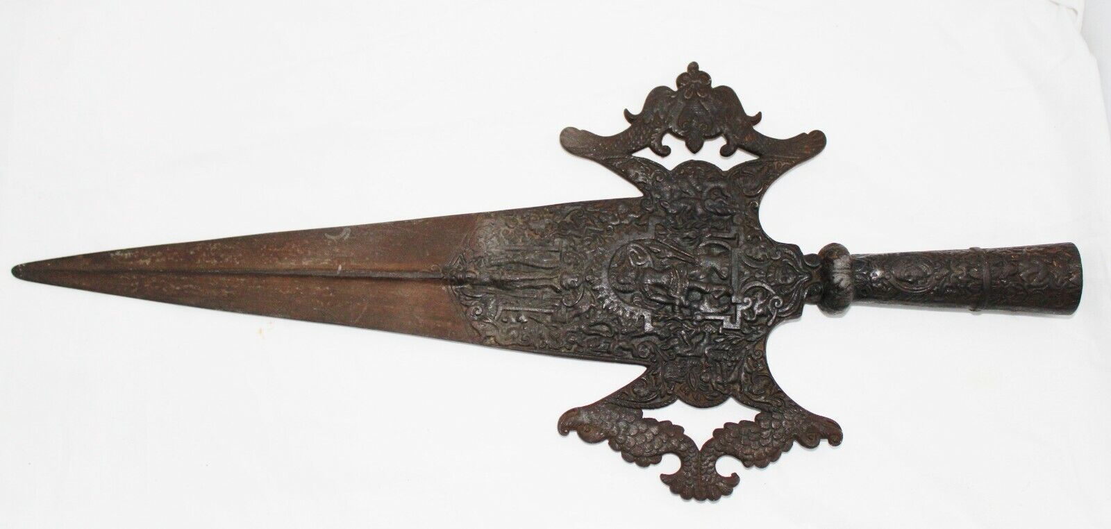 Antique European Partisan Halberd Spear Blade Ornate High Relief Pole arm 