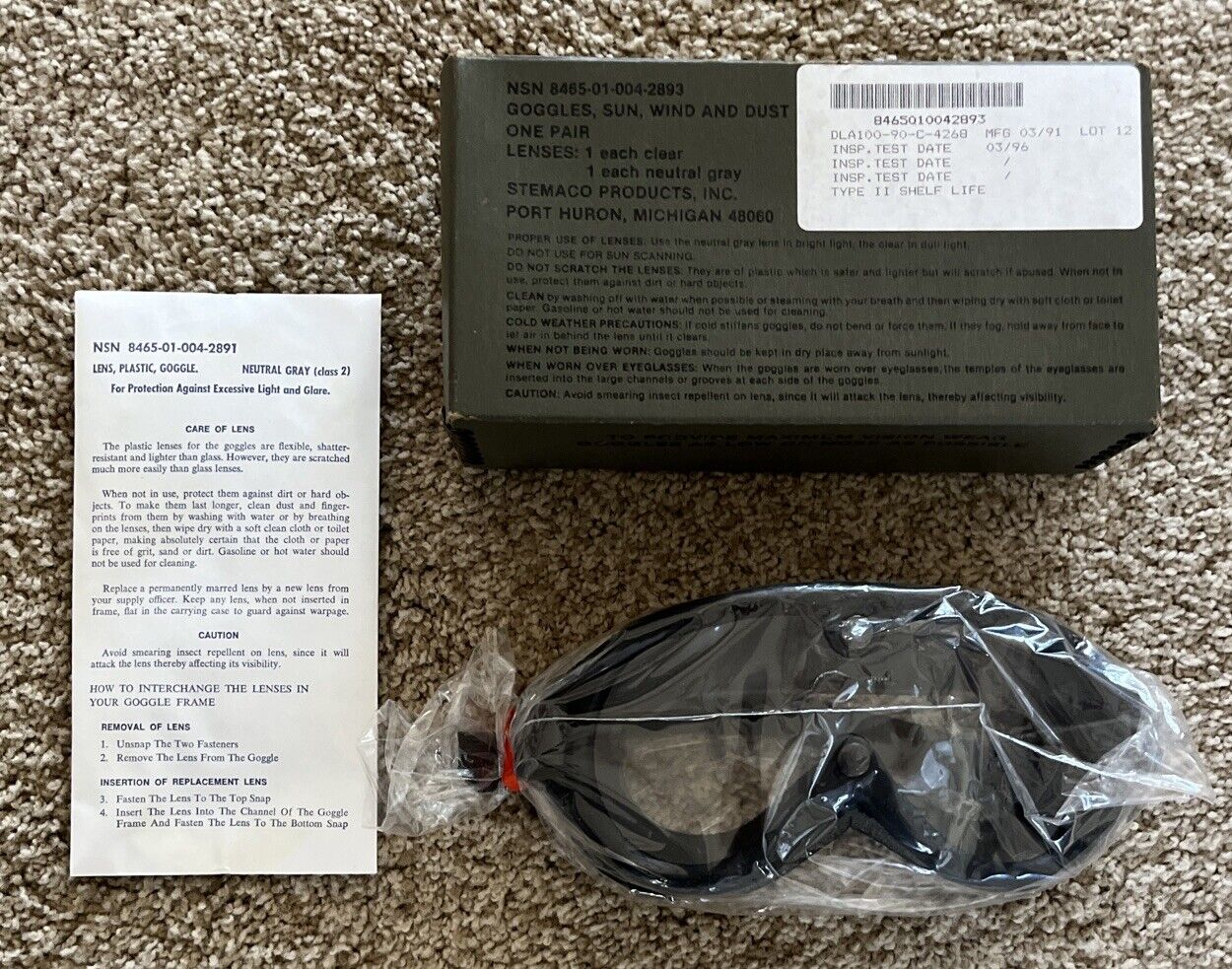 STEMACO NSN 8465-01-004-2893 Sun/Wind/ Dust Military Goggles 2 Lenses in Box vtg