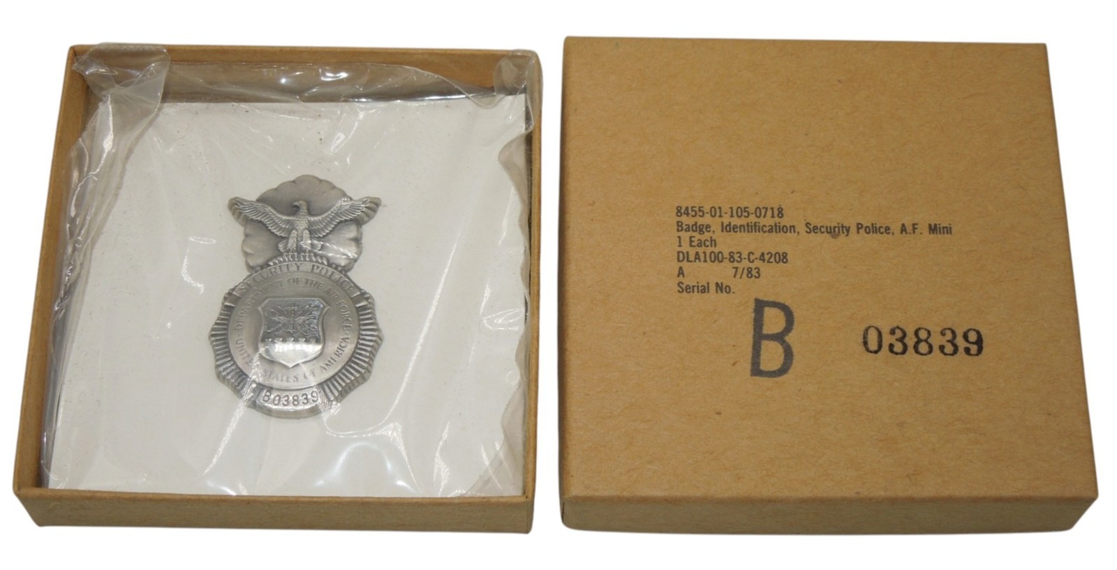 Orig 1983 US Air Force Security Police Numbered Mini Badge Pin & Box DR8
