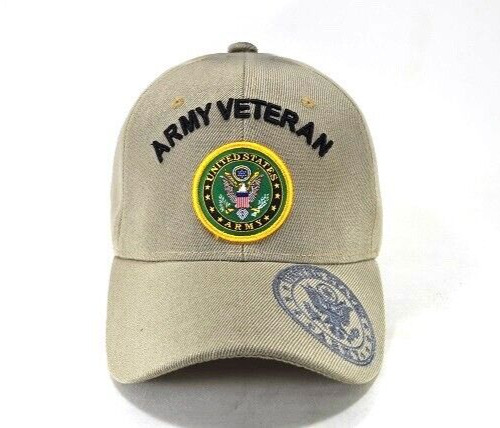 Army Veteran Khaki Military Embroidered Cap Acrylic Adjustable Hook & Loop Hat
