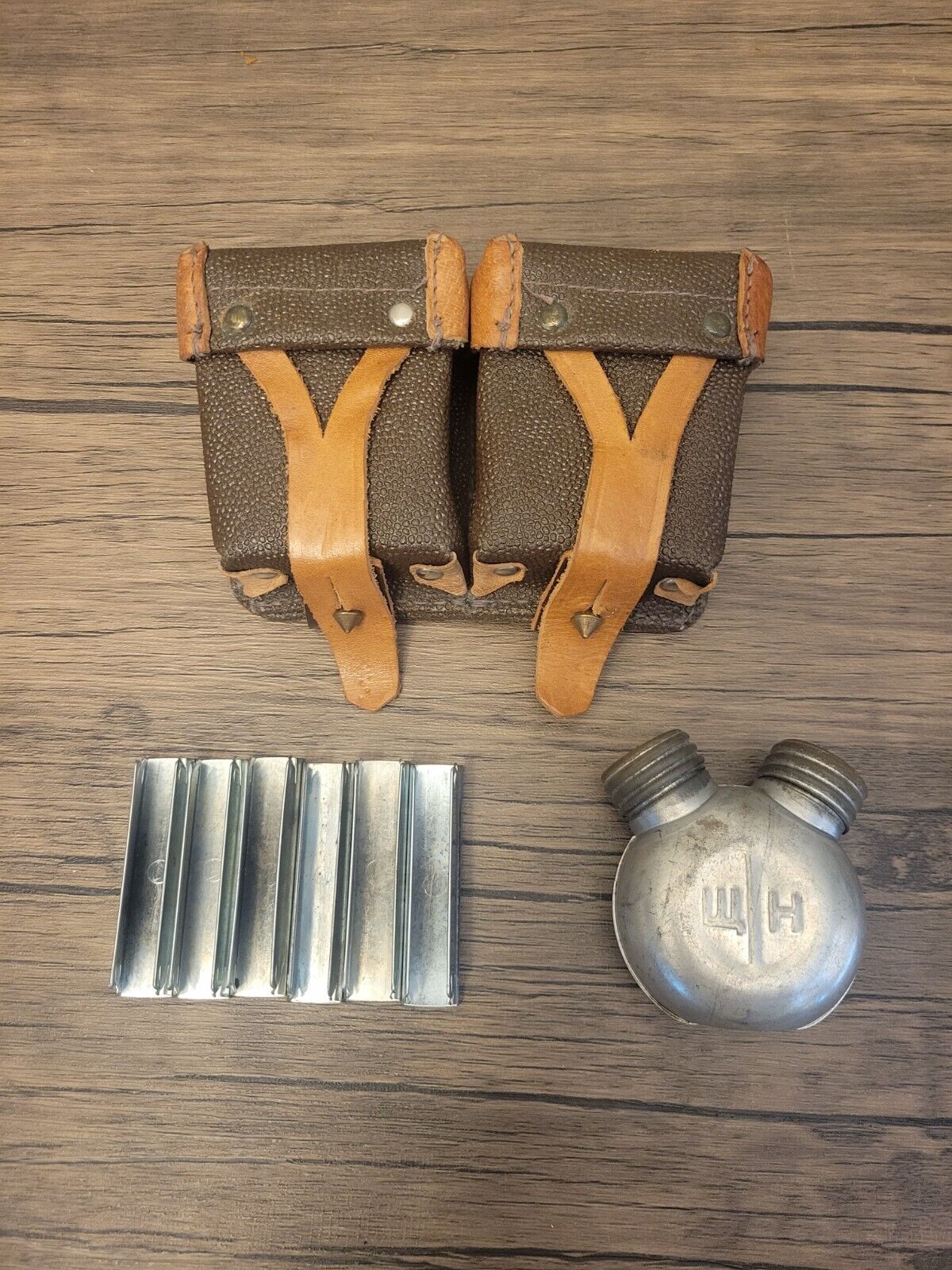 Original Soviet Mosin-Nagant Ammo Pouch and Stripper Clips with Oil Bottle Used