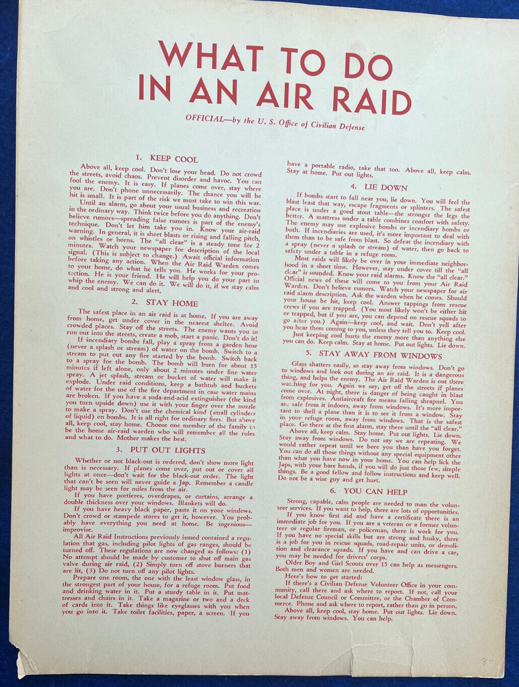 Vintage WWII Official US What To Do Air Raid Poster Civil Defense Sign Cold War