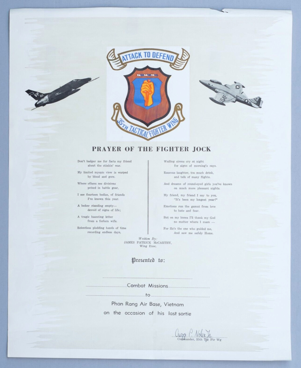 Rare Vietnam War Prayer Of The Fighter Jock 35th Fighter Wing Certificate Print