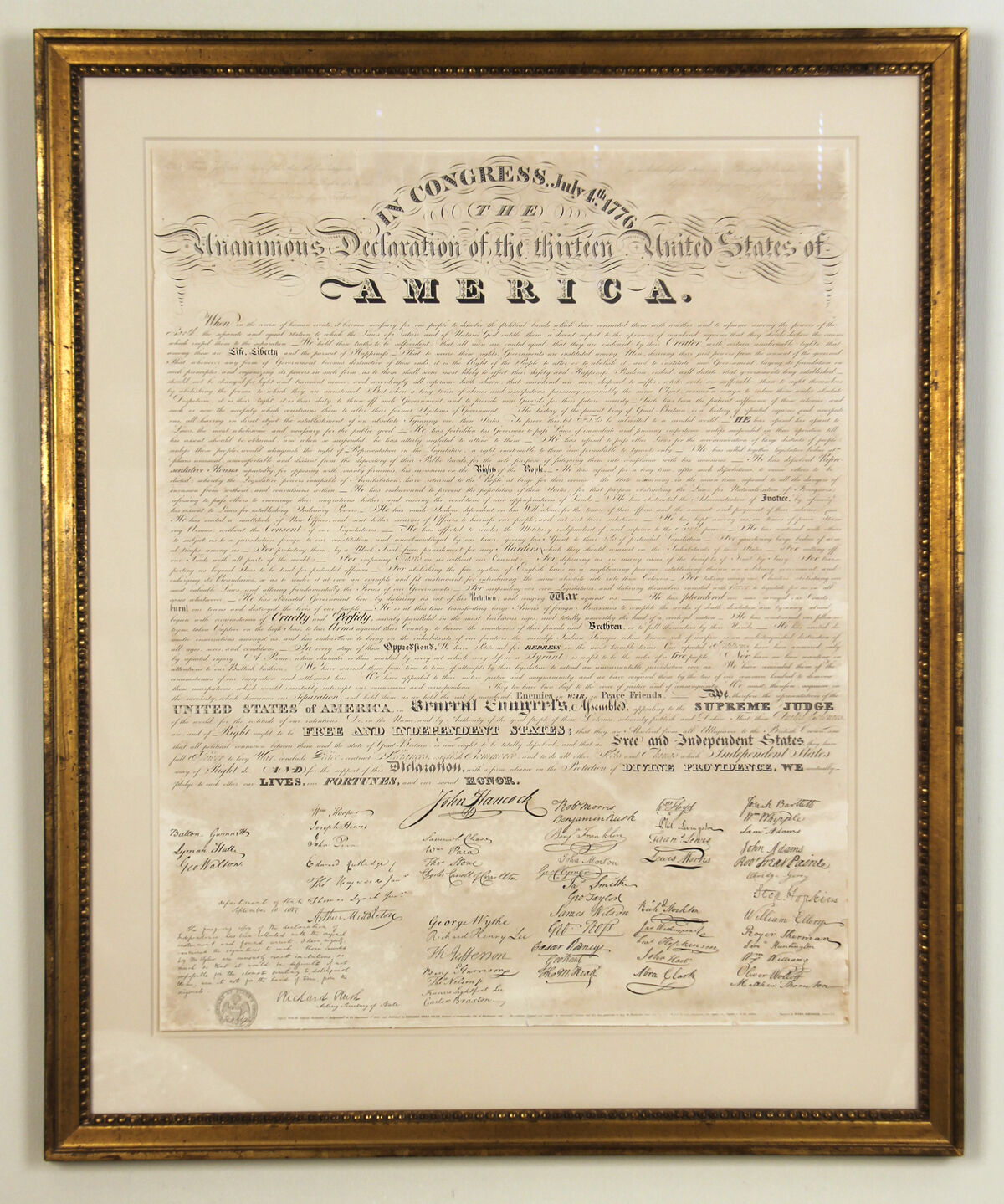 1818 Declaration of Independence: Ben. Tyler First Print w/ Facsimile Signatures