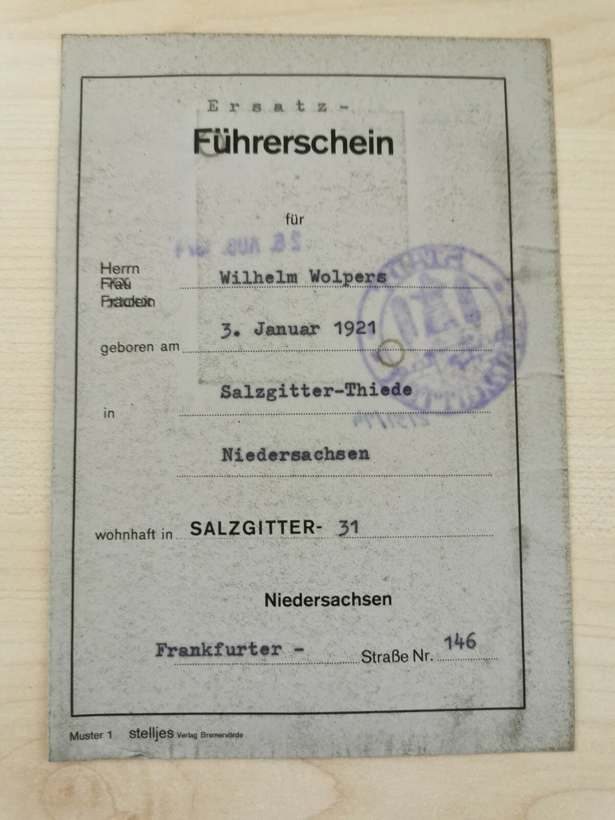 old replacement driving licence W. Wolpers, Salzgitter-Thiede, 1974, VL (S1/F1)