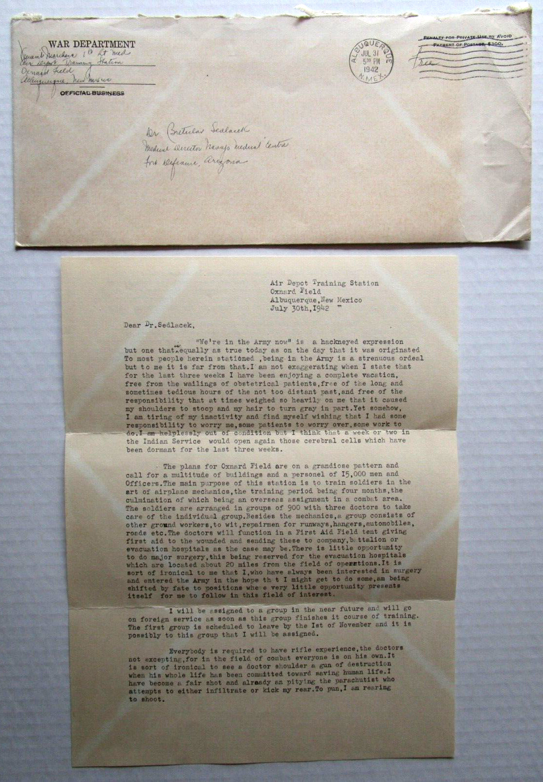 1942 DOCTOR TO DOCTOR  War  Department Economy Letter and Envelope WWII - E5H