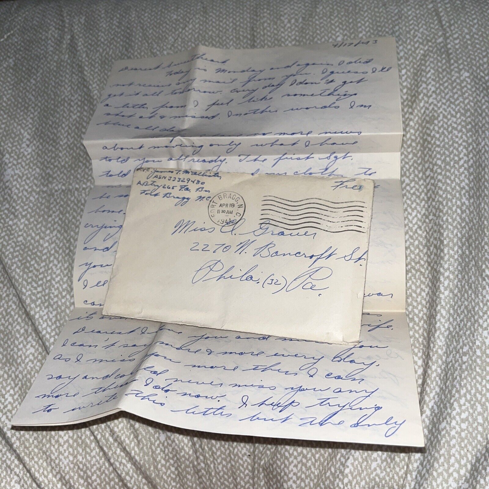 3 1944 WWII Fort Bragg PFC Love Letters Going Overseas Someplace Wanting Fight