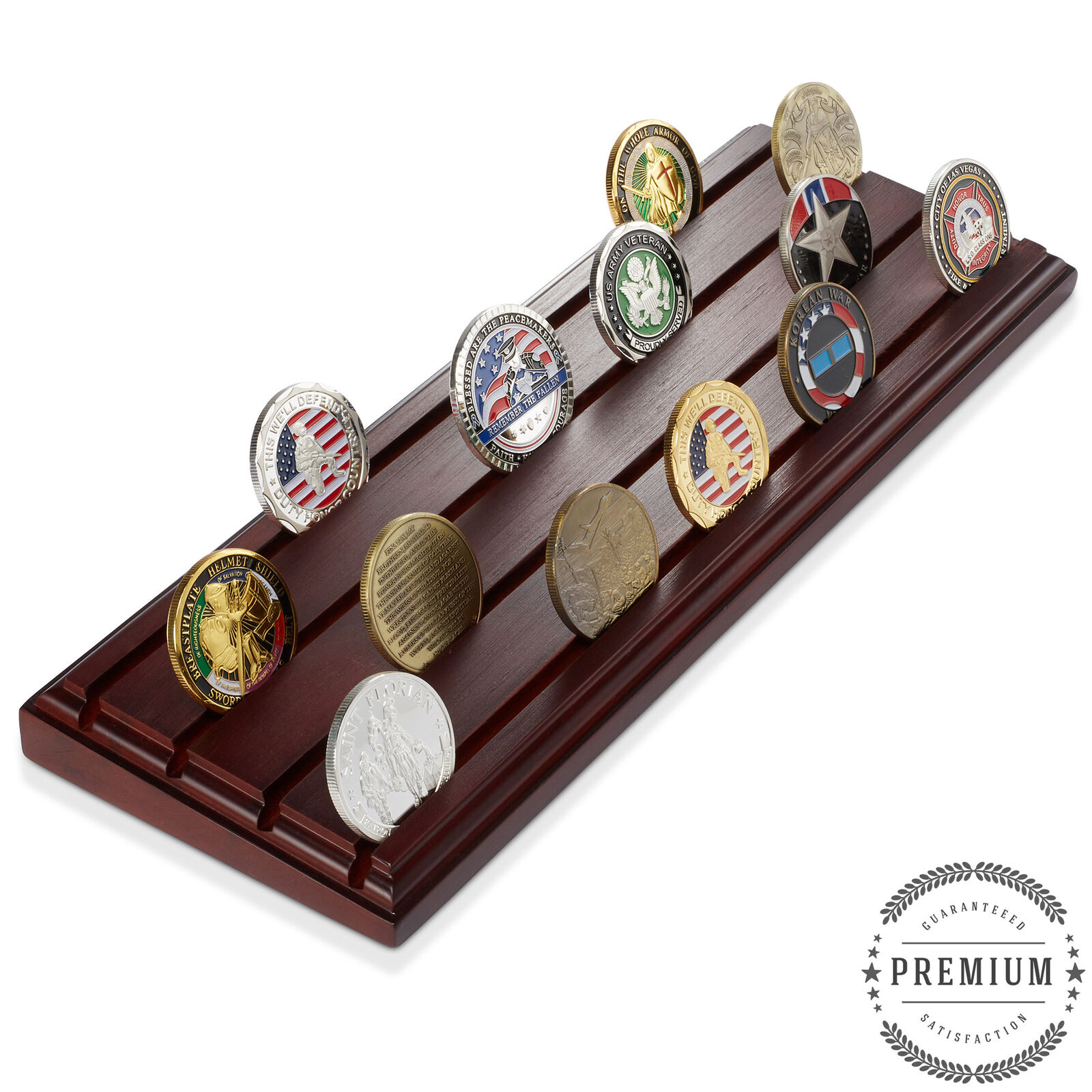 Military Challenge Coin Holder Display, Solid Wood 4 Row Rack, Walnut Finish
