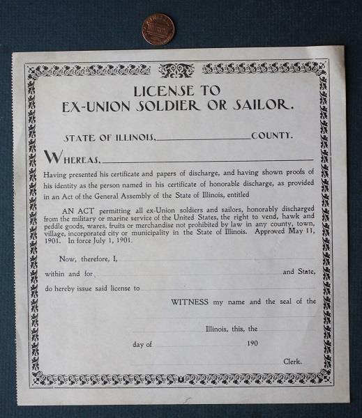 1901 Illinois Ex-Union Soldier & Sailor unused vendor\'s license certificate RARE