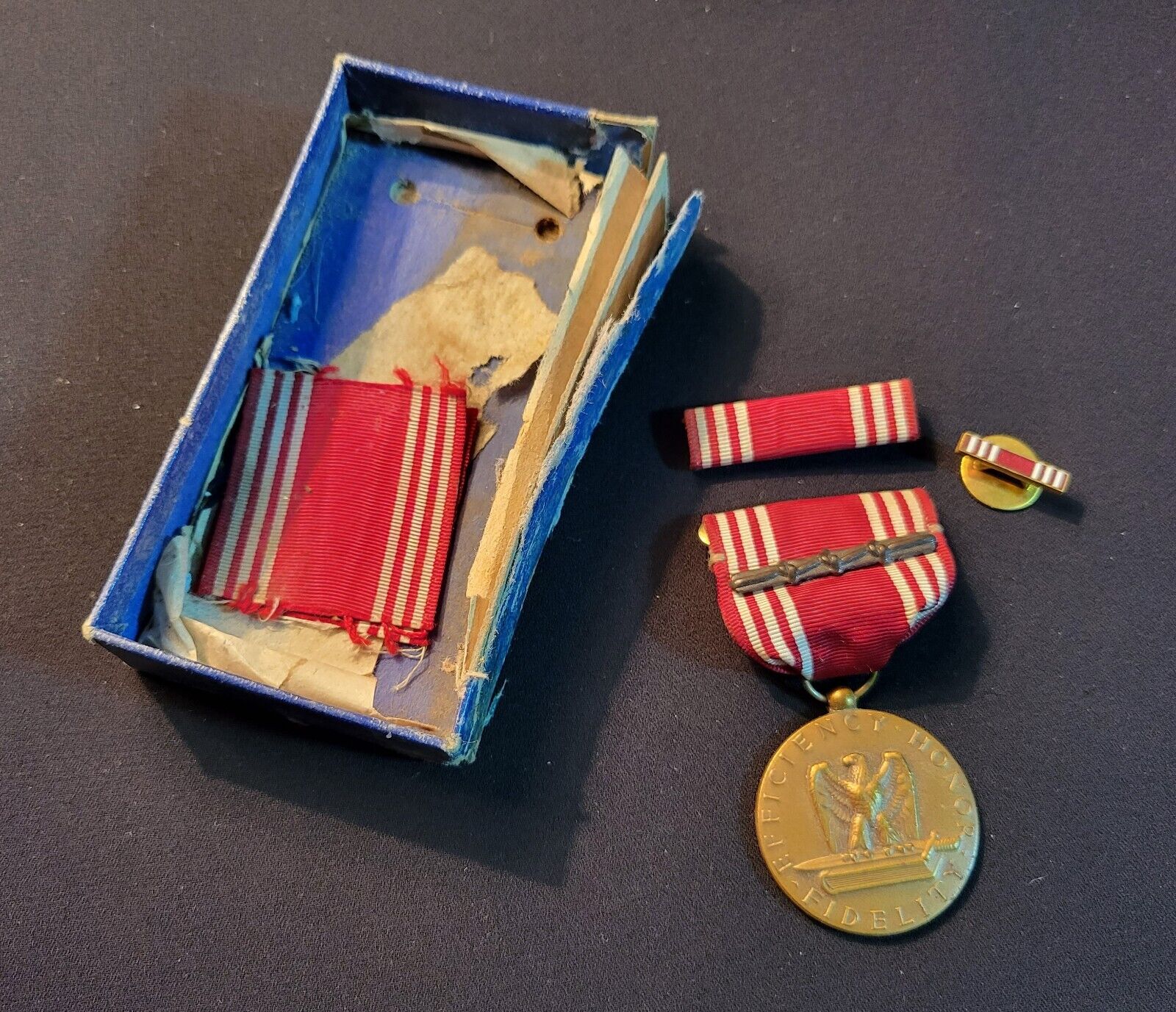Good Conduct Military Medal, Ribbon, and Lapel Pin with original Box - WWII Era