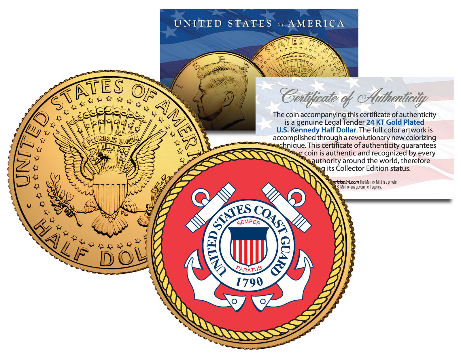 United States COAST GUARD *Emblem* 24K Gold Plated JFK Half Dollar Coin MILITARY