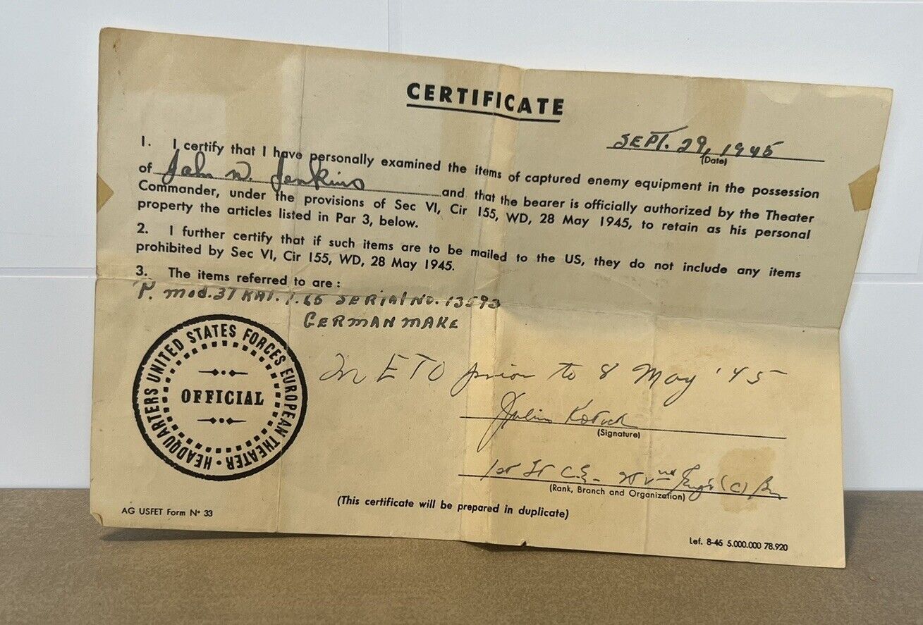 RARE WW2 Captured Enemy Equipment Certificate
