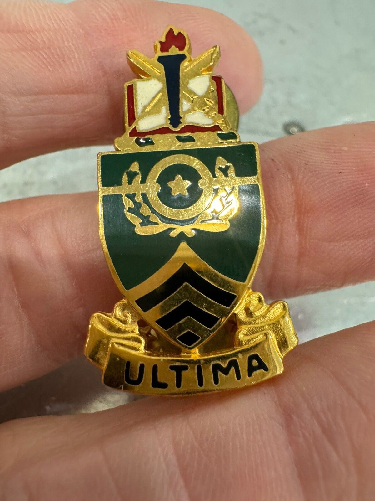 Vintage Ultima Green Shield Military Insignia Pin