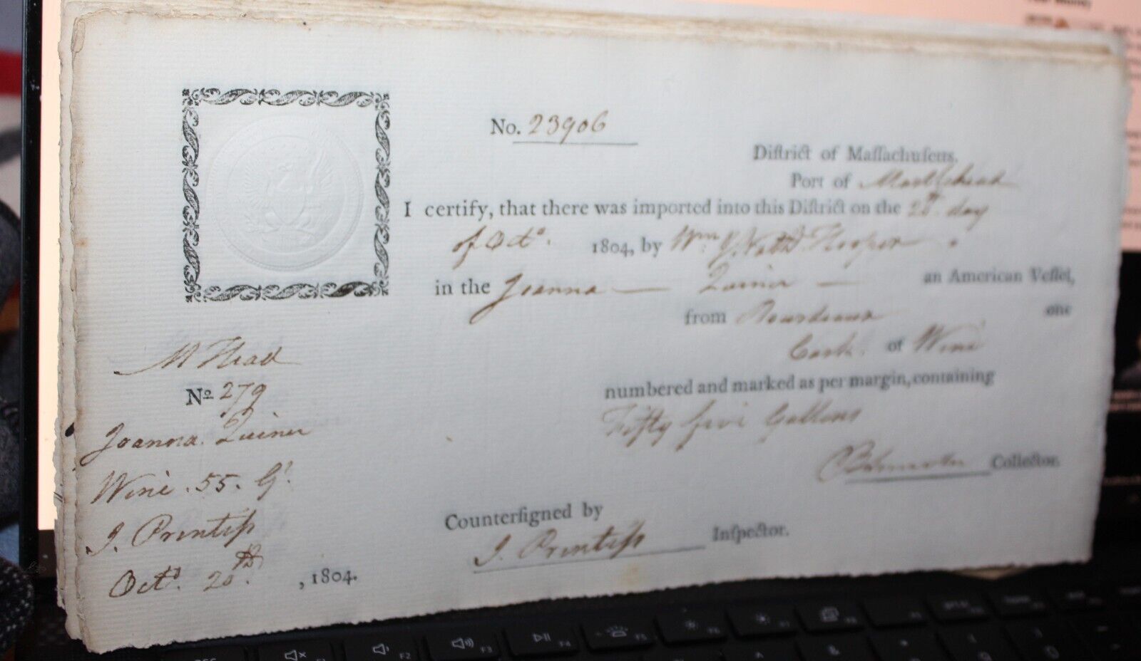 Import Certificate 1804 Marblehead Autograph Benjamin Lincoln Washington's Aide