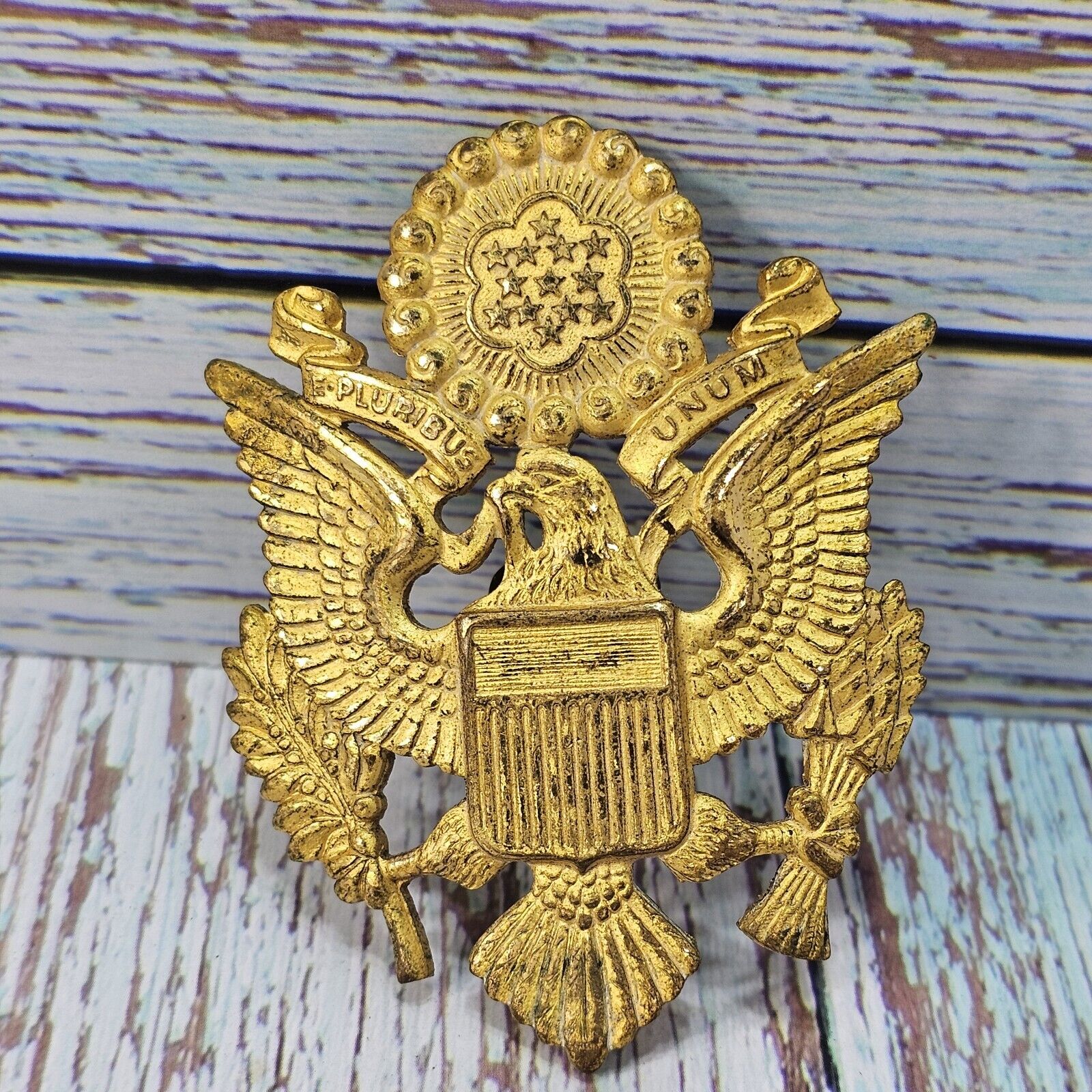 WWII WW2 Era US Army Officer Eagle Cap Hat Badge Military Screw Back Pin