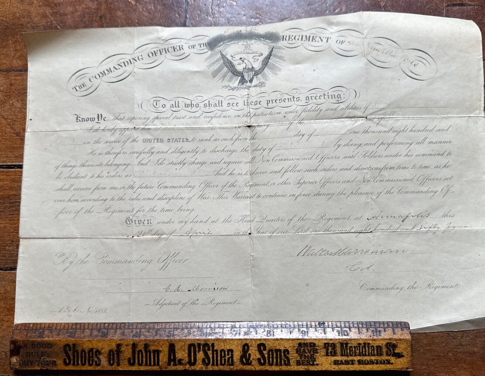 CIVIL WAR NEW HAMPSHIRE VOLS Signed By COLONEL WALTER HARRIMAN April 26 1864
