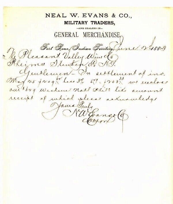 1883 Military Trader NEAL W. EVANS & CO. - Fort Reno, Indian Territory Letter