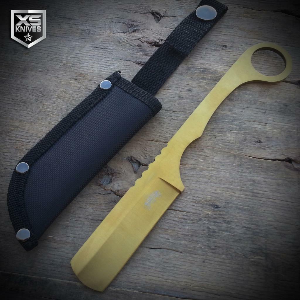 GOLD Cleaver FULL TANG Straight Edge RAZOR Fixed Blade Knife + Sheath 8\
