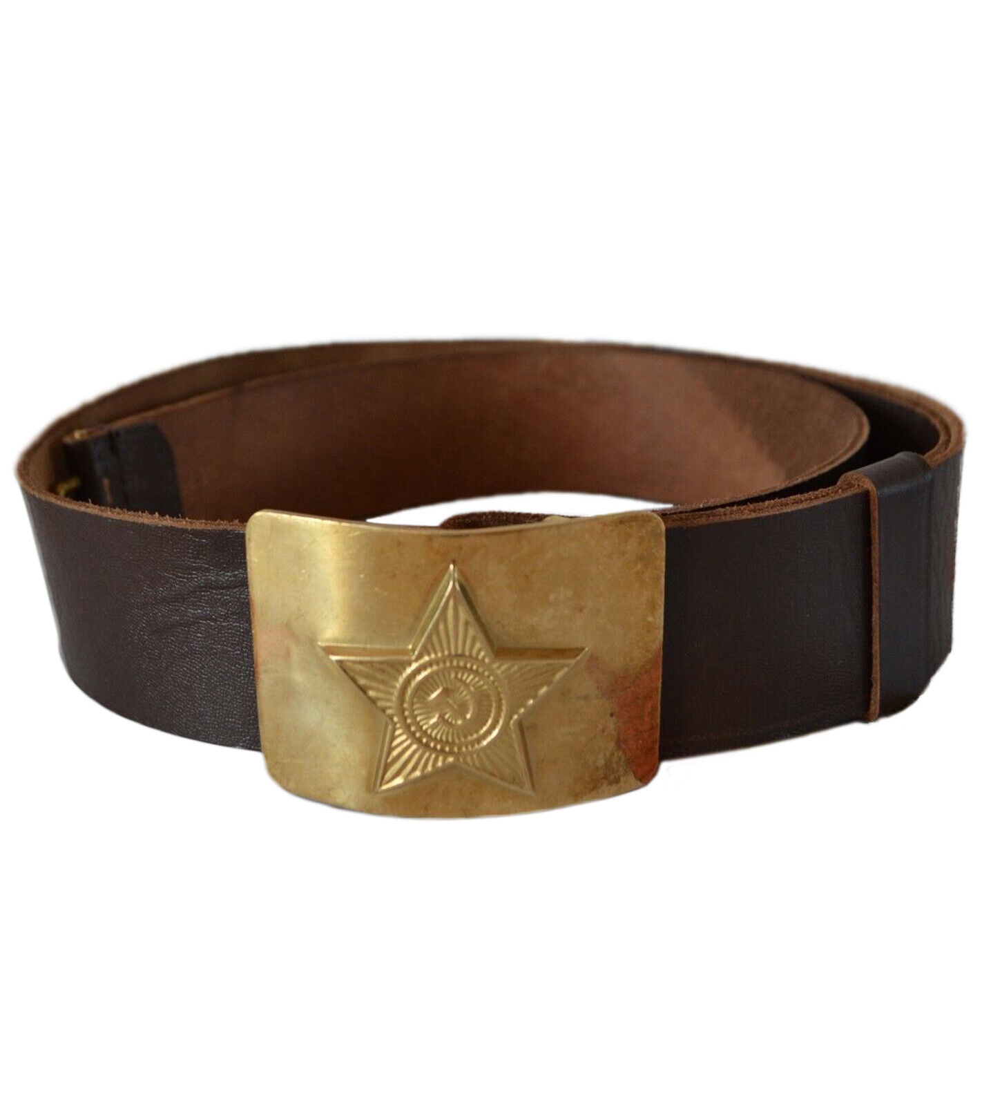 Ussr brown leather belt adjustable brass buckle authentic soviet surplus vintage