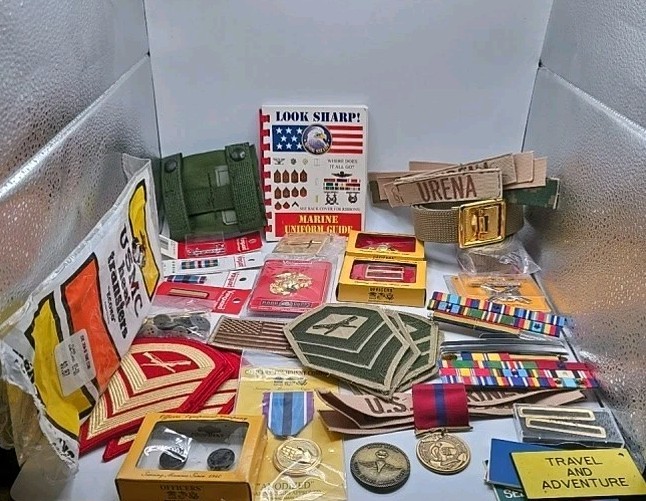 Vintage Collectible Lot: Marine  Badges, Medals, Coins, Belts Buckle & Pins Etc.