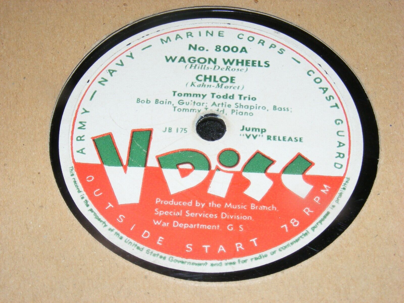 RED NORVO 78 rpm V DISC WW II #800 Tommy Todd Trio BOB Bain Wagon Wheels CHLOE
