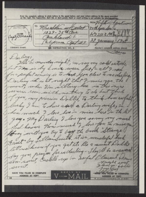 1945 US V-Mail 34th Spl. Serv. Co. (Le Mans, France) APO 350 PM NY (Love Letter)