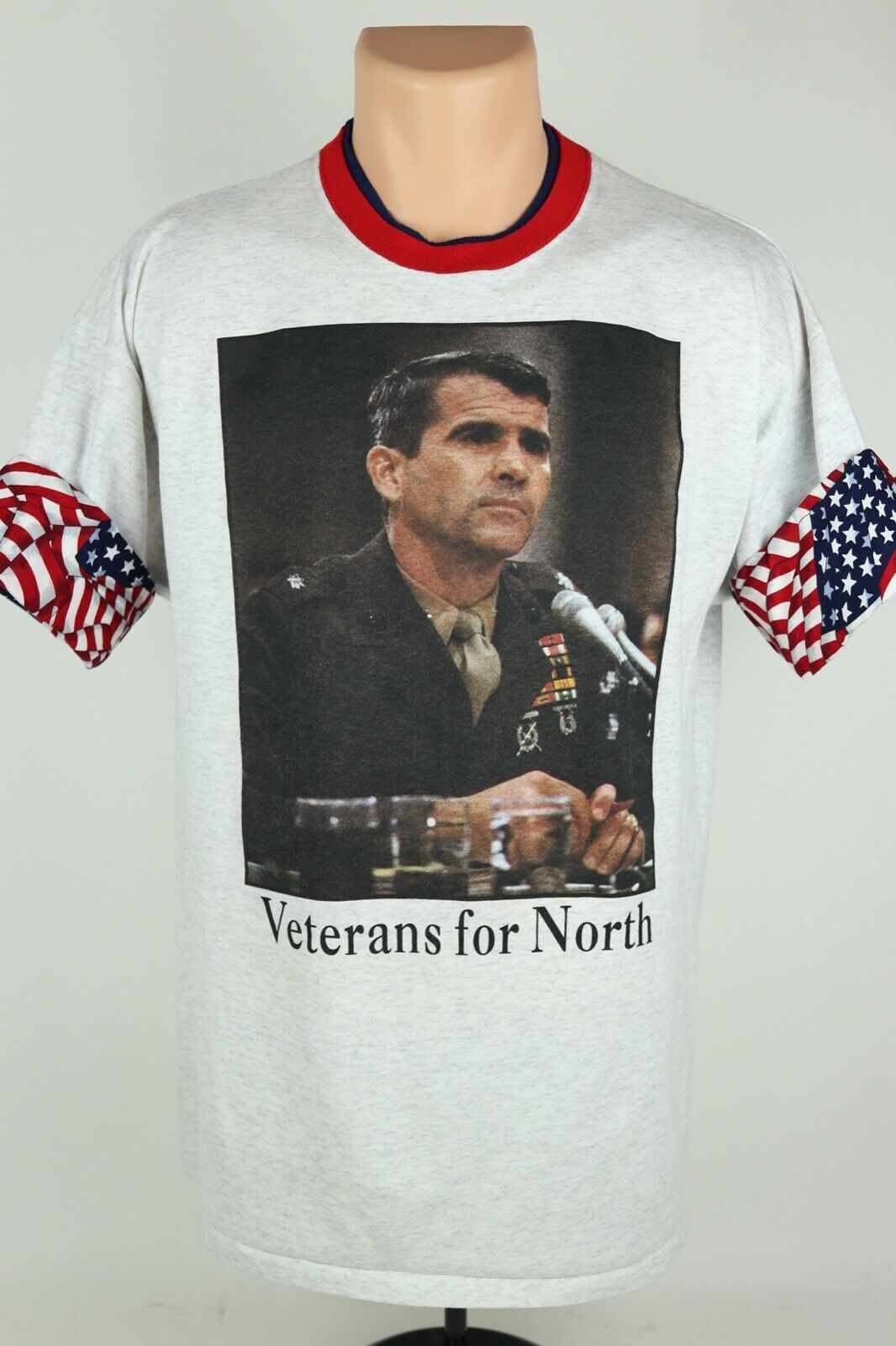 Vintage Veterans For Oliver North Single Stitch Flip Sleeve Flag Graphic T Shirt