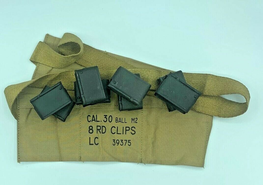 WWII US M1 GARAND 30-06 RIFLE ENBLOC CLIPS and AMMO CANVAS BANDOLEER EN BLOC