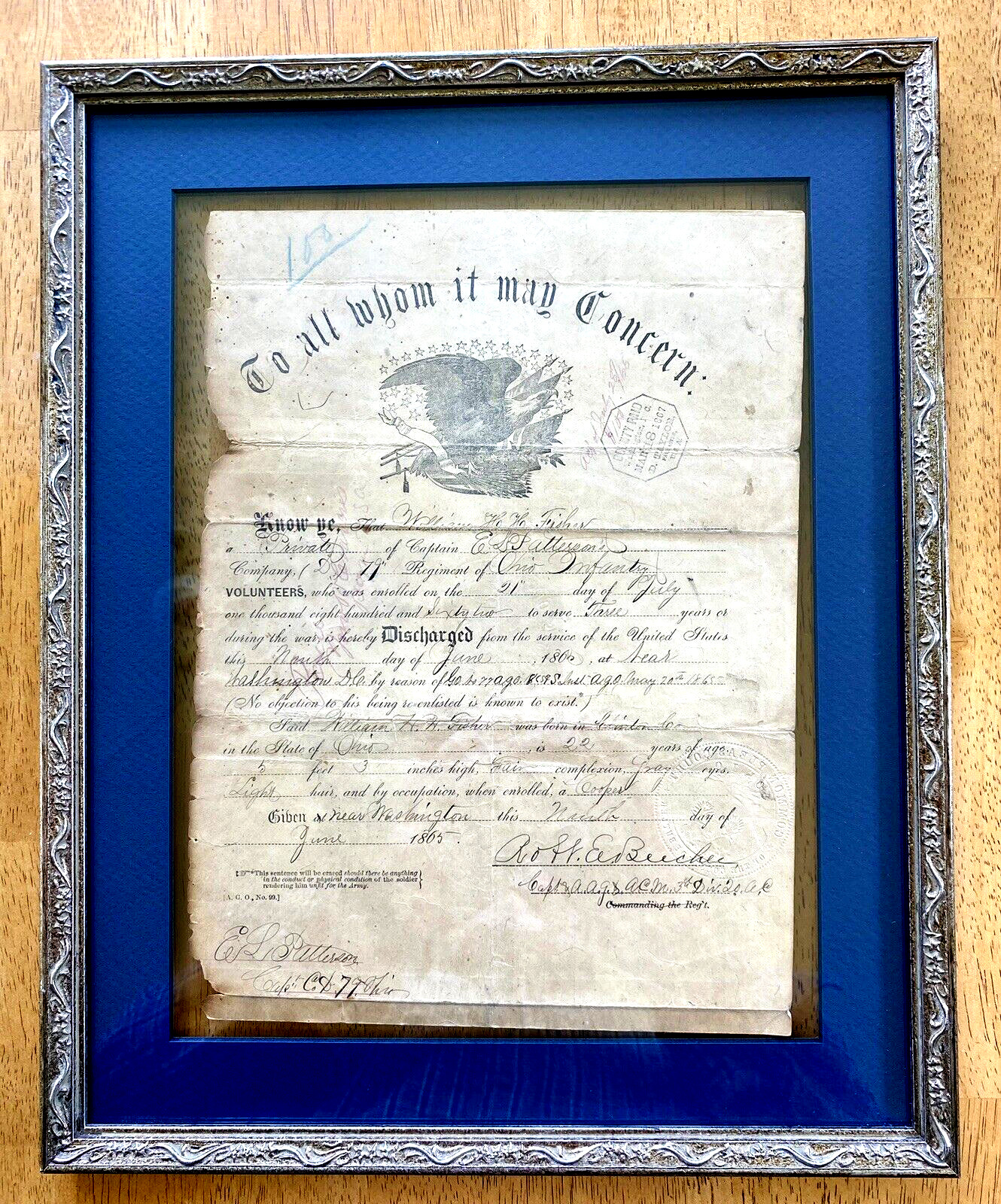 Framed Civil War Infantry Discharge Papers William Henry Harrison Fisher 1865