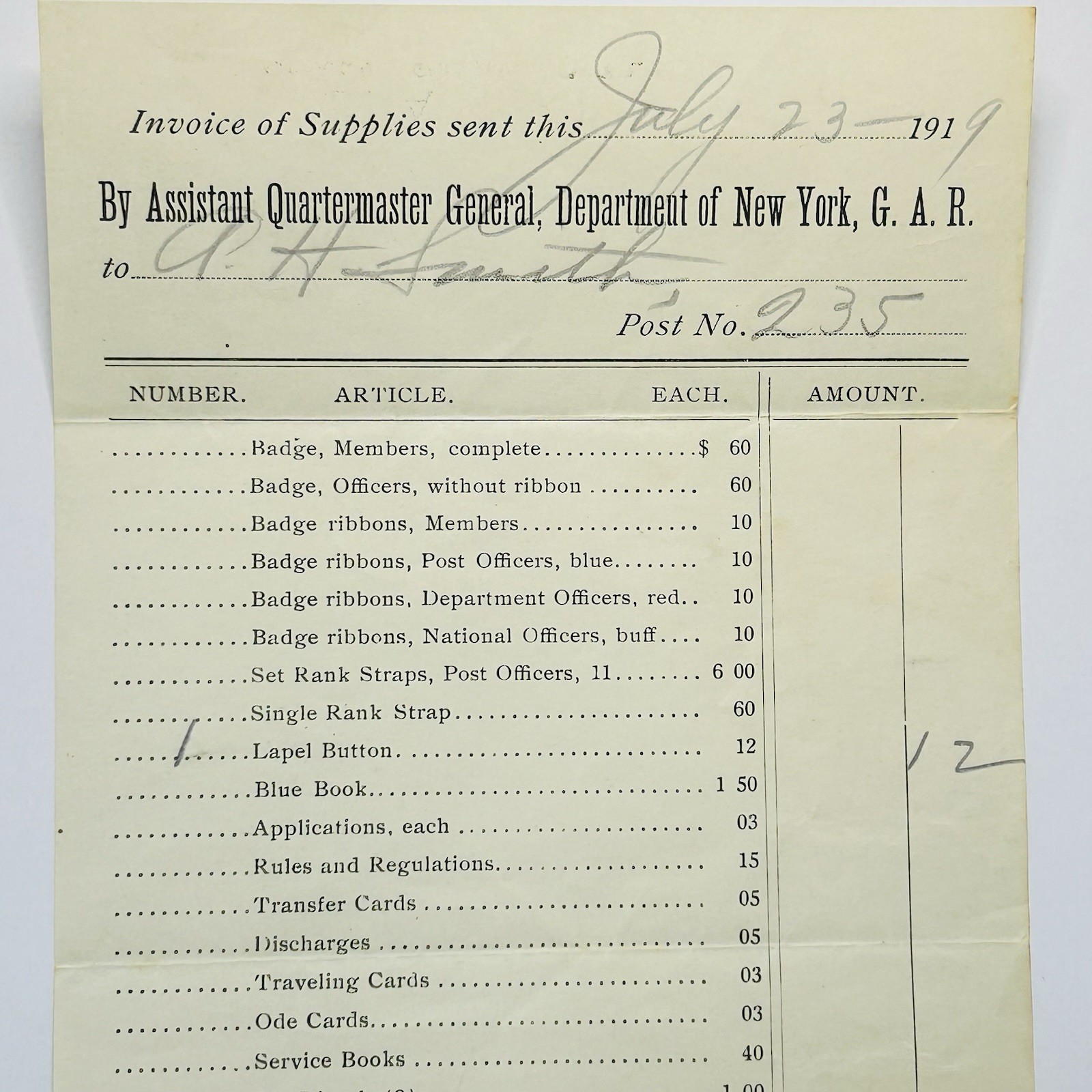 Antique 1919 Invoice Grand Army of the Republic New York G.A.R. Quartermaster