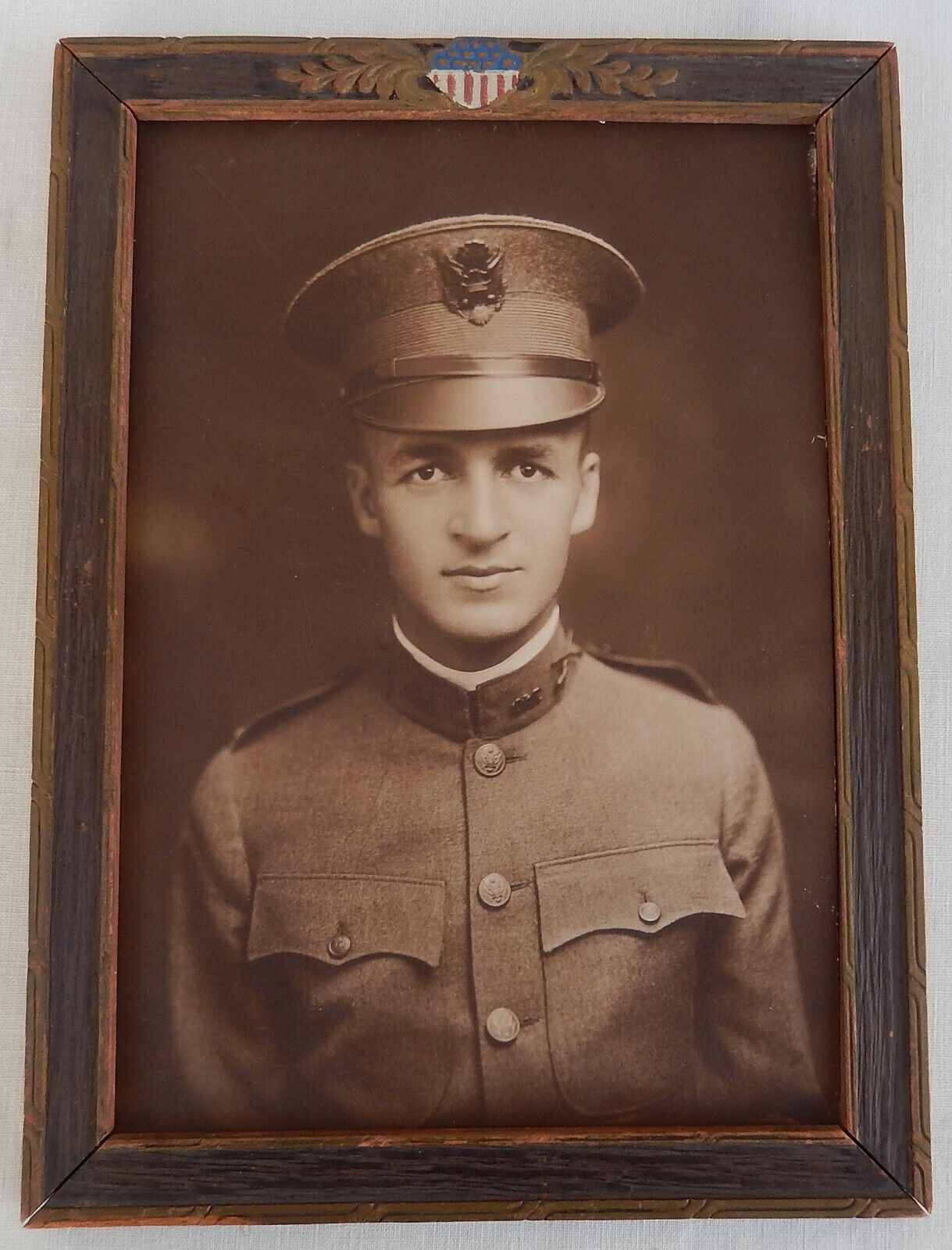 WW1 Photo of Young Soldier in Uniform in a Patriotic Frame