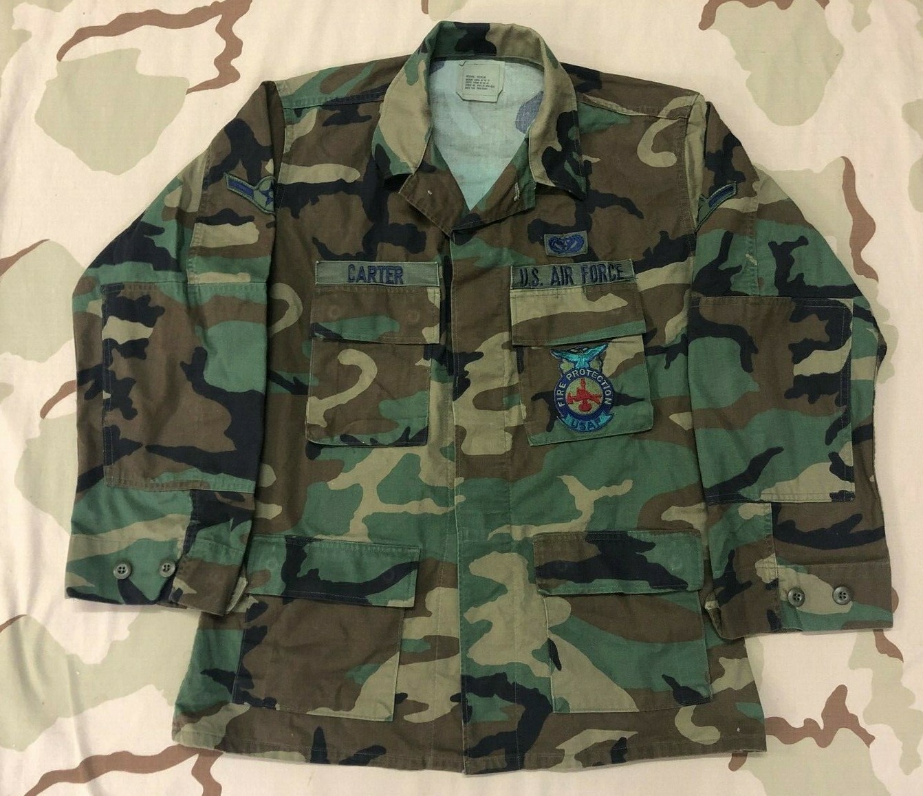 USAF Air Force Camo BDU Shirt Fire Protection & Civil Engineer Badge M-R