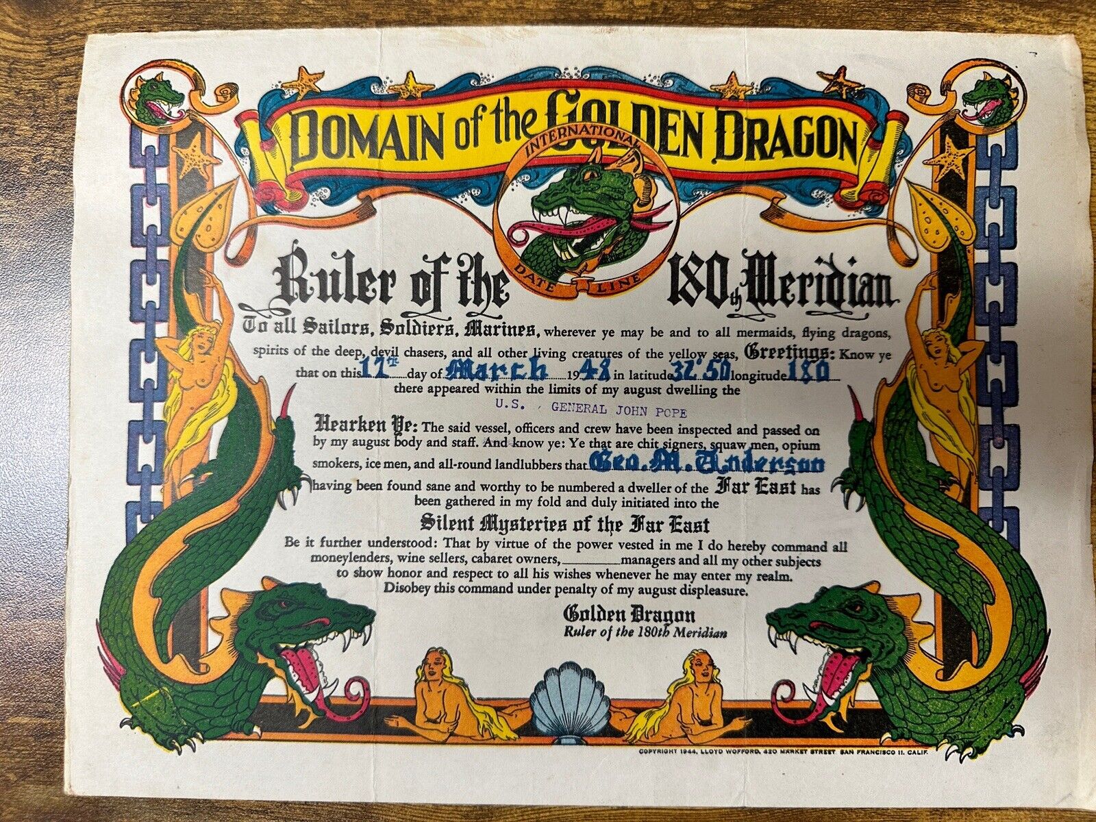 WWII US Navy Domain of the Golden Dragon Certificate Original 1948 GREAT COLOR