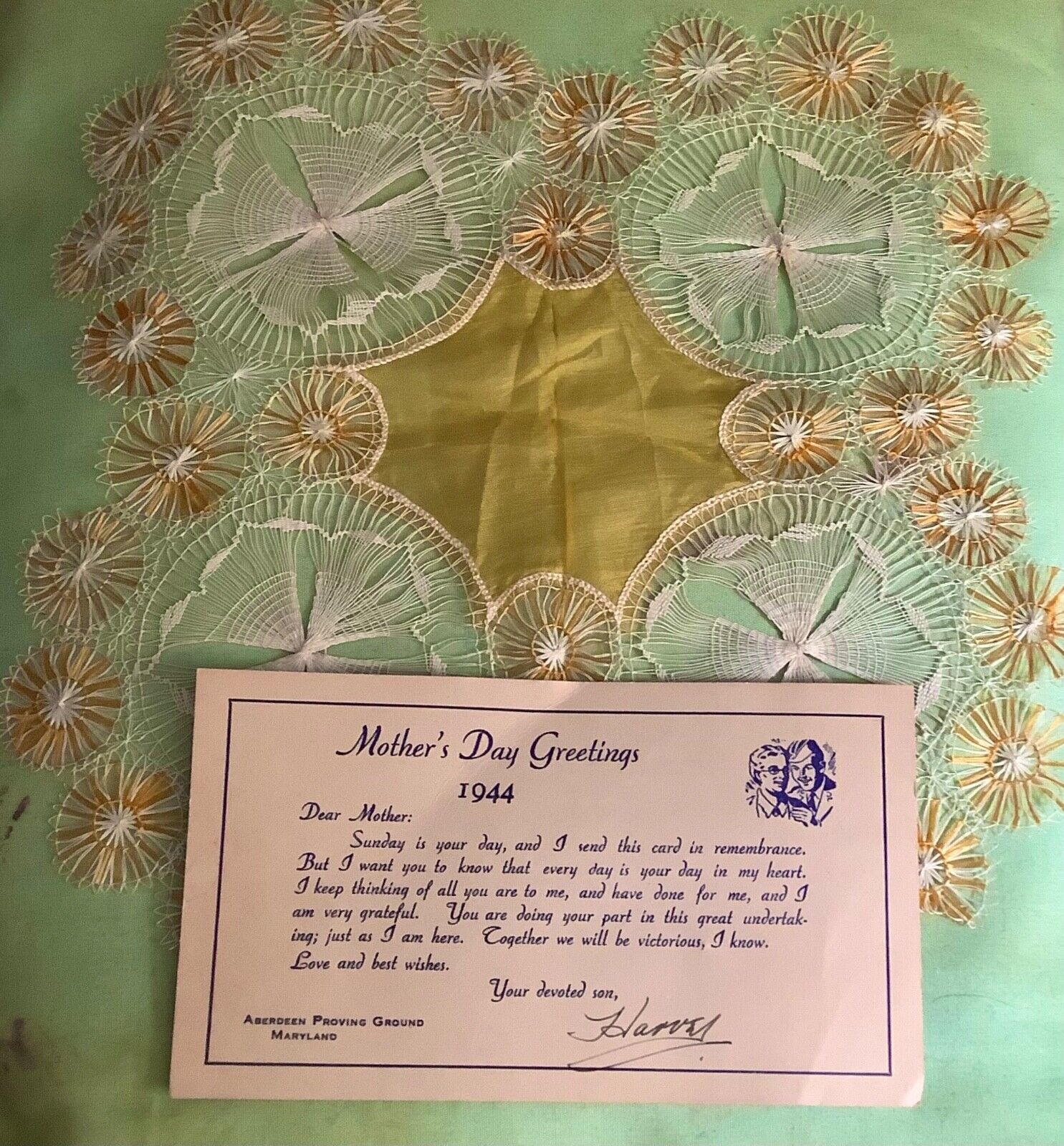 1944 WWll Mothers Day Hanky, Military Card from Soldier -Aberdeen Proving Ground