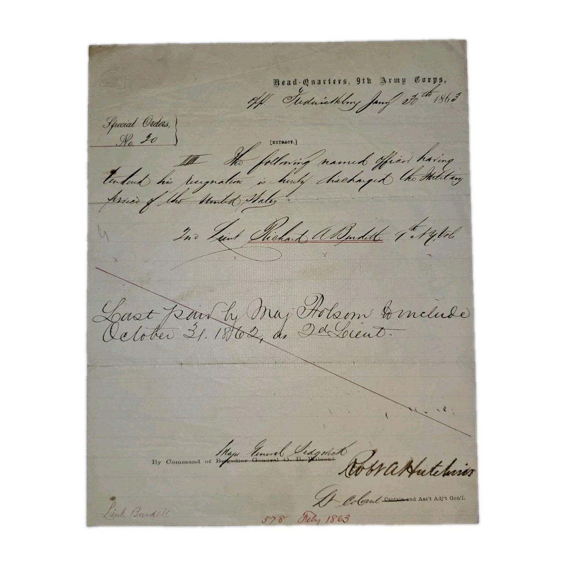 1863 Civil War Fredericksburg IX Corps Order Hawkins Zouaves Hutchins Signed