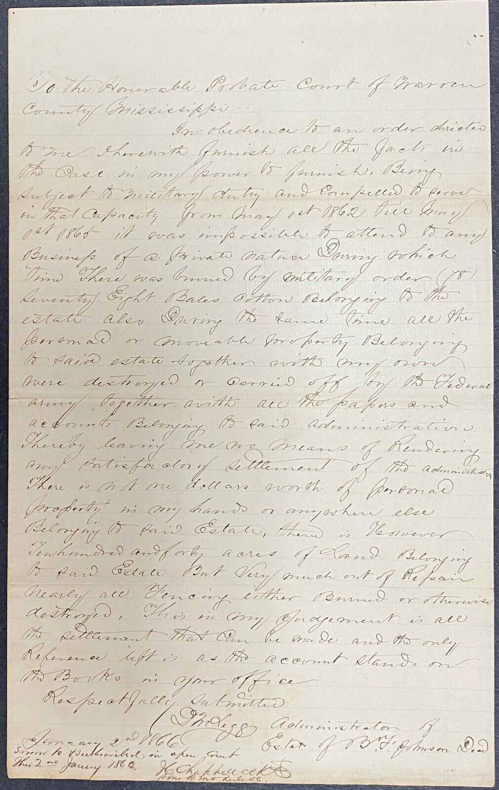 1866 Mississippi Court Document Regarding Destroyed Cotton