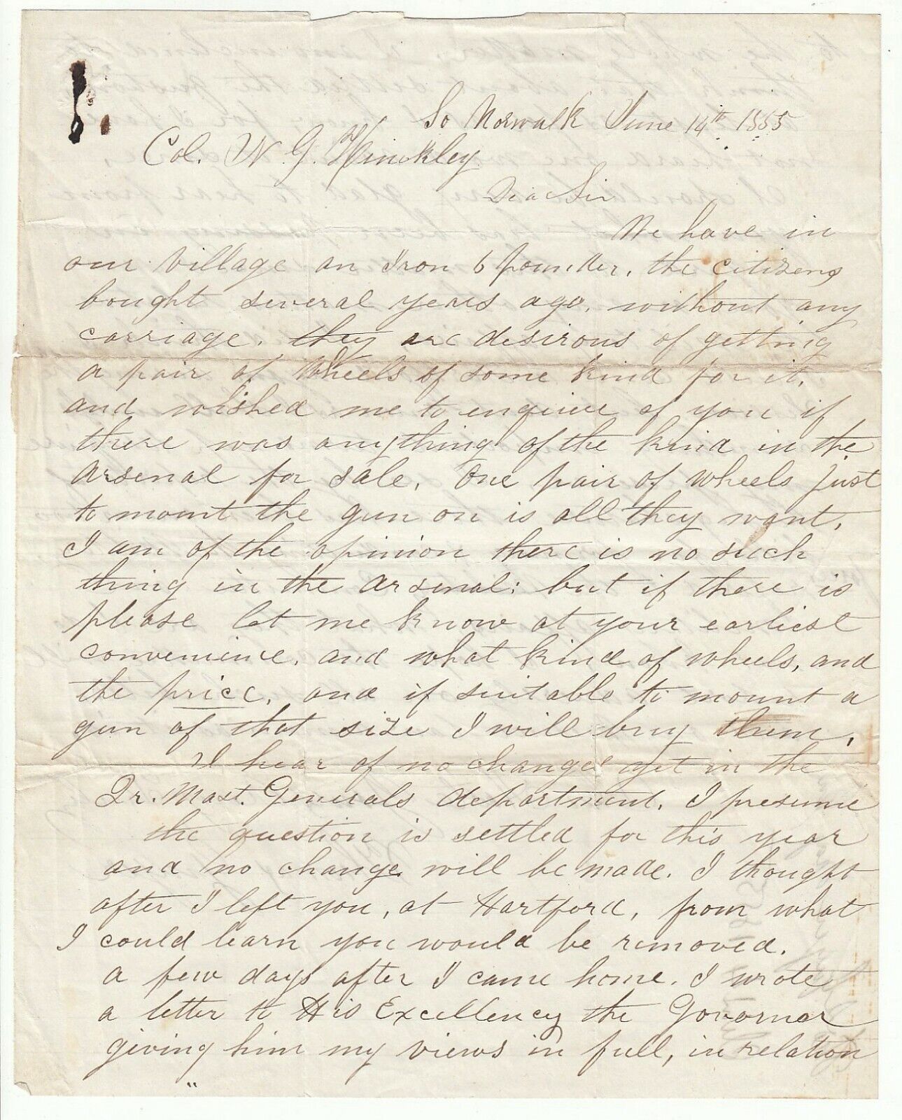 Maj General Thomas Geyer 1855 Connecticut Autograph Letter - 6 Pounder Cannon