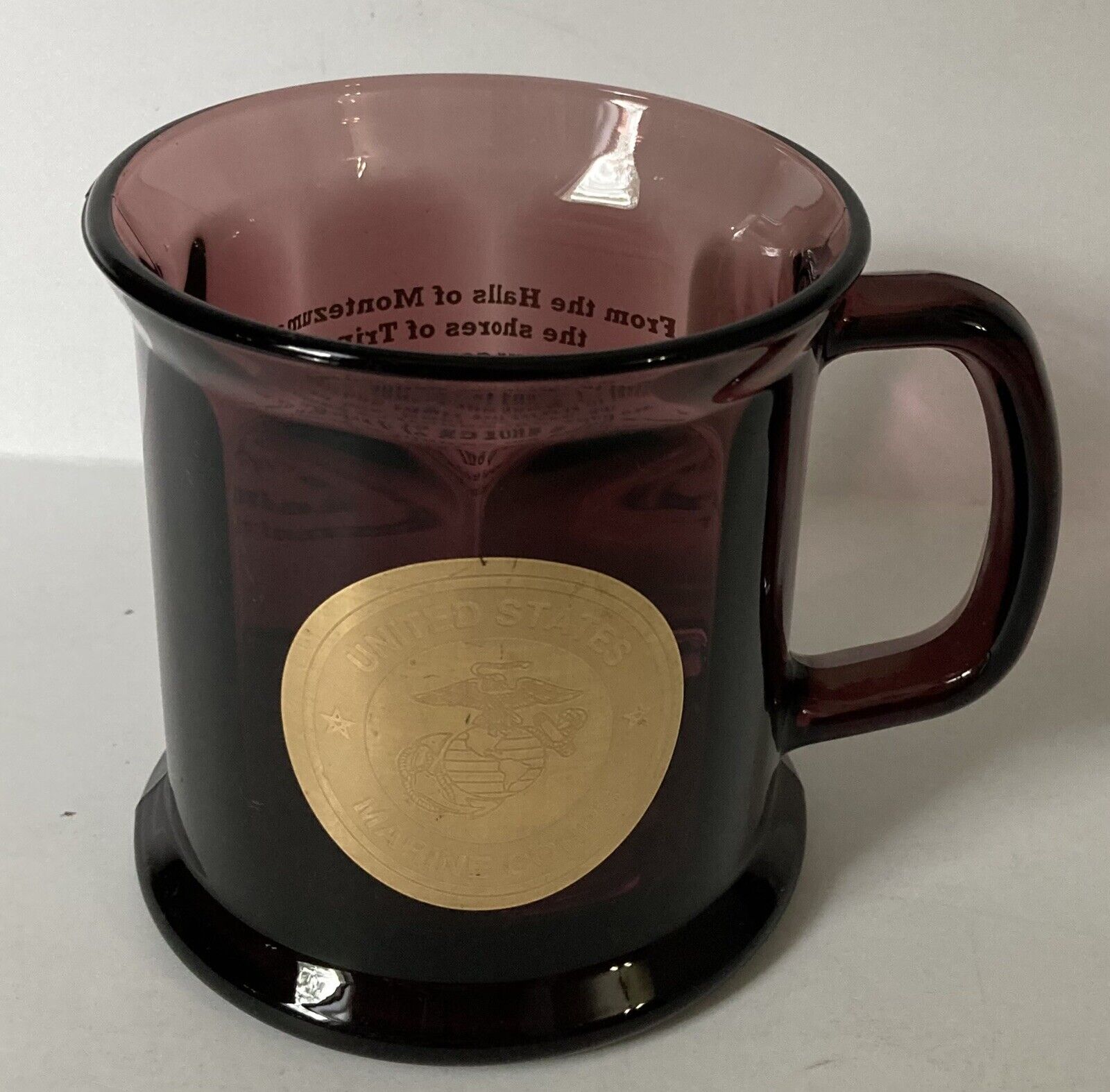 US MARINE CORP 12 oz Mug Hymm Gold Seal Purple Amber Clear Cup Made in USA