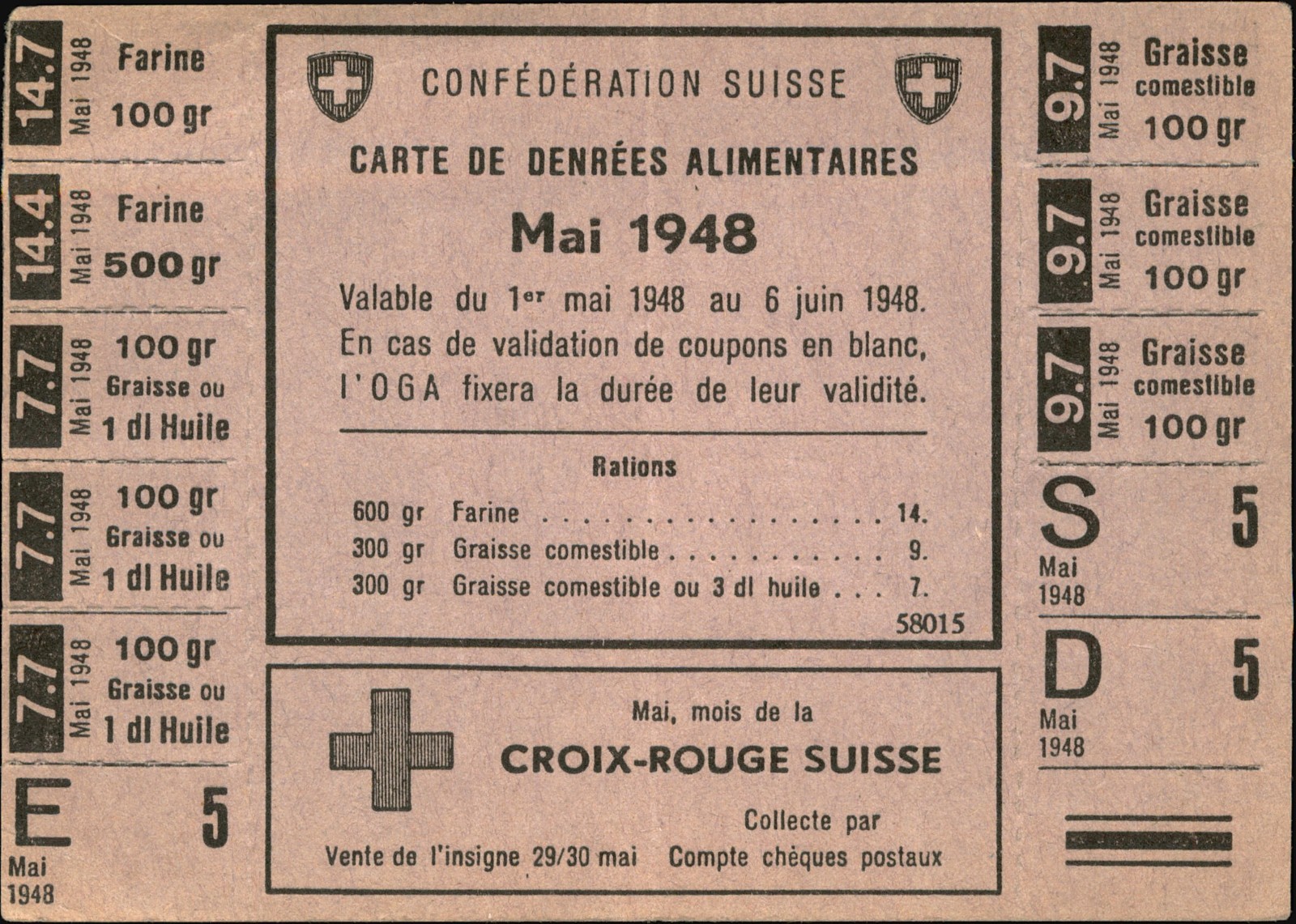 SWITZERLAND MAY 1948 FOOD RATION CARD LEBENSMITTELKARTE RED CROSS FULL COUPONS