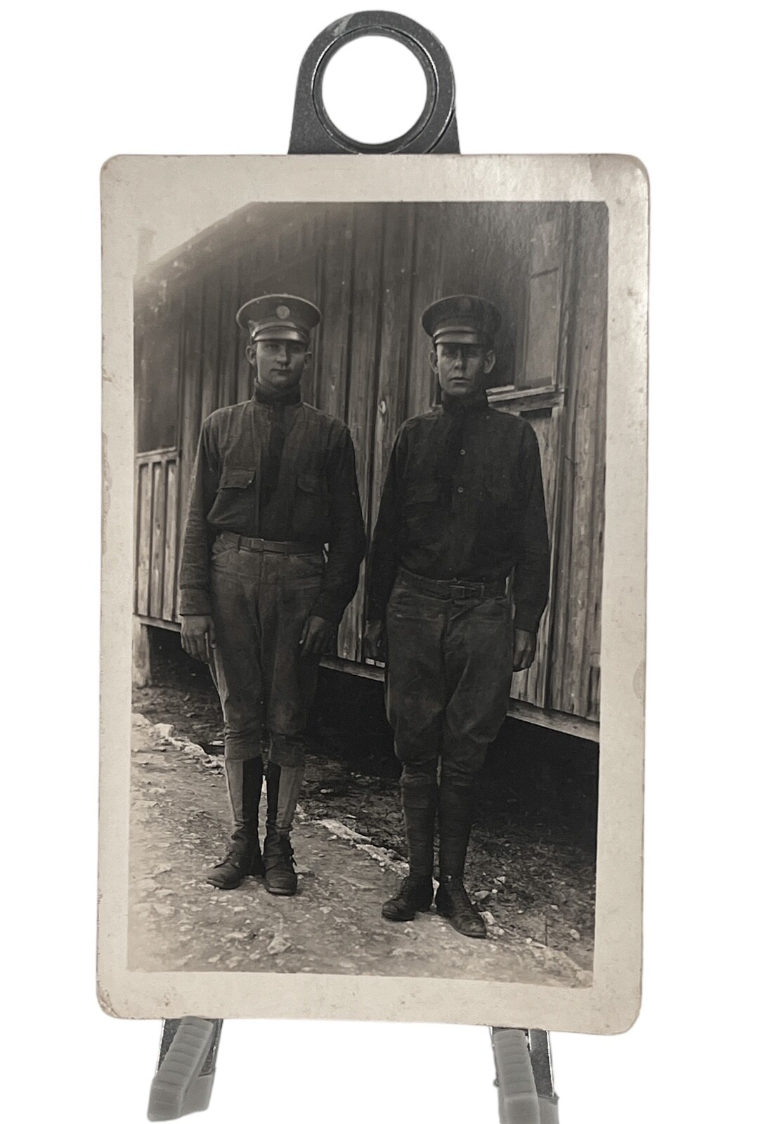 WW1 Era U.S. RPPC Photo Army Officers Visor Caps Standing By Camp Barracks