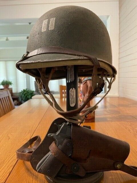 WWII US M2 Paratrooper Helmet, Hawley Liner, Model 1911 .45 repros & M-7 Holster