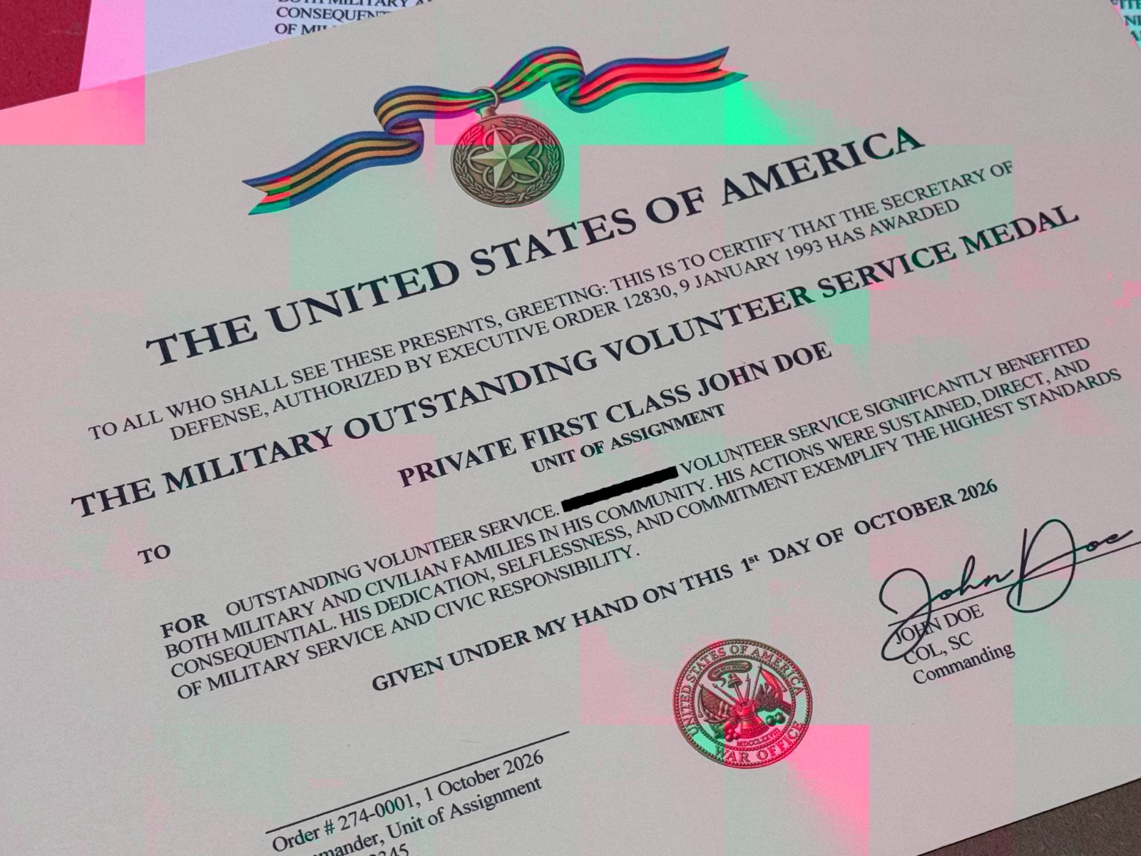 Military Outstanding Volunteer Service Medal (MOVSM) – Personalized Certificate