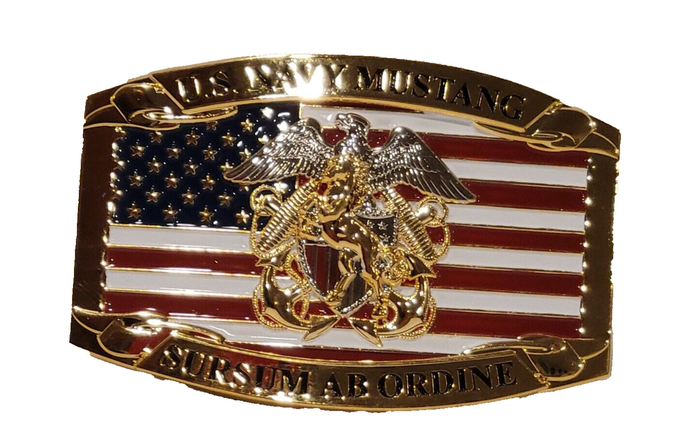 US Navy Mustang Officer Belt Buckle - Shiny - Sursum Ab Ordine - 3D Horse Crest